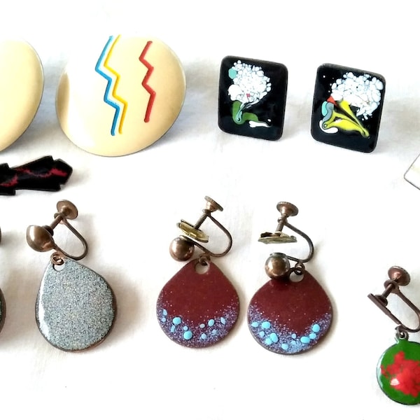 Vintage Copper Enamel Earrings & Pin, 8 Piece Lot, 7 Earring Pairs + 1 Pin, MCM Copper Jewelry Lot