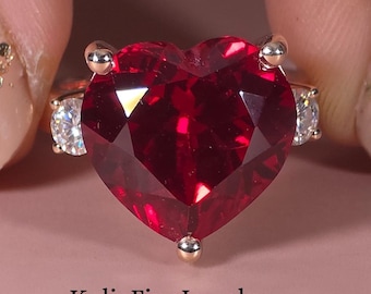 Heart shaped 15.9CT lab created ruby engagement ring, 14K Rose gold three stone ring, birthstone promise ring, Red gemstone anniversary ring