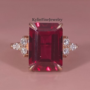 Genuine Ruby Ring in 14k Solid Rose Gold, Emerald Cut Red Gemstone Ring, Minimalist Vintage Style Seven Stone Wedding Anniversary Gift Ring