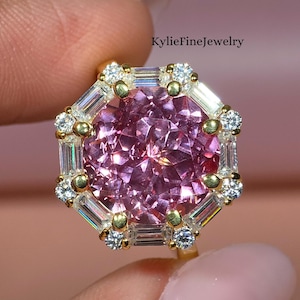 Vintage Style Engagement Ring, 7.5CT Pink Sapphire Portuguese Cut Gemstone Ring, Baguette and Round Halo Ring, Gold Anniversary Gift For Her
