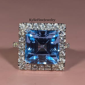 Delicate Blue Aquamarine Princess Cut Lab Gemstone Ring, Designer Basket Setting Half Pave Wedding Band, Square Shape Halo Engagement Ring