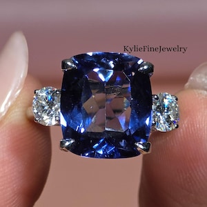 Blue Sapphire Cushion Cut Anniversary Ring, Side Round Cut Trellis Setting, Three Stone Wedding Ring, 925 Sterling Silver Handmade Gift Ring