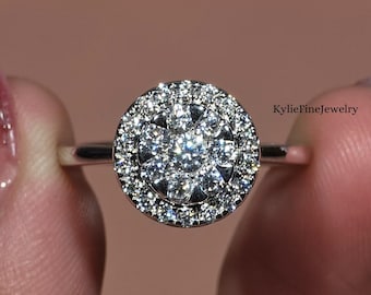 Round Lab Grown Diamond Solitaire Ring, Round Brilliant Cut Cluster Halo Diamond Ring, Promise Wedding Ring For Bridal Anniversary Gift Ring