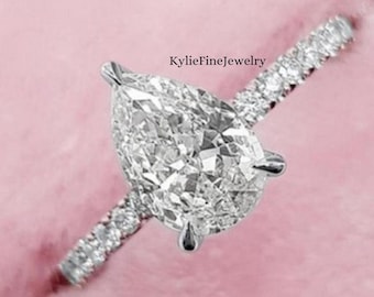 2.50CT Pear Moissanite Engagement Ring With Round Accents, Pear Cut Half Eternity Moissanite Ring, Hidden Halo Ring, Anniversary Gifts Ring