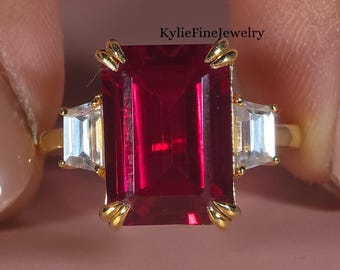 Elegant 9.90CT Red Emerald Cut Seven Stone Ring, Emerald Ruby Ring, Trapezoid Cut Sides, 14k Solid Yellow Gold Cluster Setting Gemstone Ring