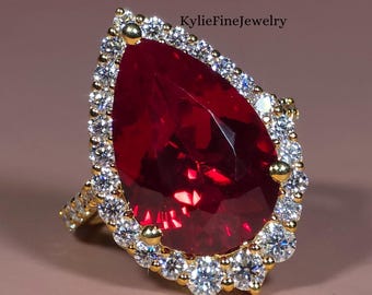 Anello con pietra preziosa autentica di rubino rosso taglio a pera creato in laboratorio, anello di fidanzamento con alone graduato per fidanzata, fascia in oro massiccio con pavé a mezza eternità.