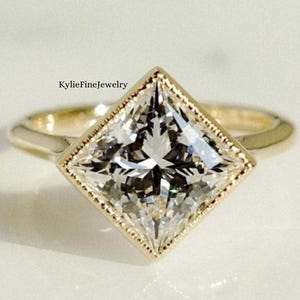 East West Diamond Wedding Ring, Princess Cut Moissanite Engagement Ring, Milgrain Bezel Set Promise Ring, Solitaire Proposal Ring for Women