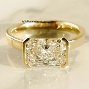 3CT Radiant Cut Moissanite Diamond East West Half Bezel Set Solitaire Engagement Ring Gift For Her, 14k Solid Yellow Gold Wedding Ring