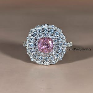 Pink Cushion 1Ct Moissanite Wedding Ring For Her, Triple Halo 14K White Gold Cluster Moissanite Half Pave Band Wedding Ring Gift For Women .