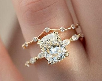 2.5ct Elongated Cushion Cut Moissanite Engagement Ring with matching band Moissanite bridal Ring set  14k Solid Gold Moissanite Ring For Her
