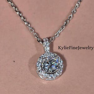 1.00CT Round Lab Grown Diamond Pendant, Wedding Pendant Necklace For Bridal, 14K White Gold Solitaire Diamond Halo Pendant With Chain Gifts.