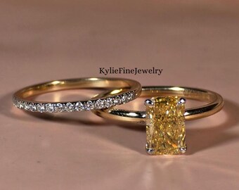 Yellow Radiant Cut 2 CT Lab Grown Diamond Anniversary Ring, Hidden Halo 14k Gold Band Ring, Channel Set Half Eternity Pave Set Bridal Gift .