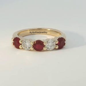 Vintage Solid Gold Wedding Band Round cut Ruby Half Eternity Band Unique Bridal Diamond Matching Stacking Band Handmade Jewelry Gifts
