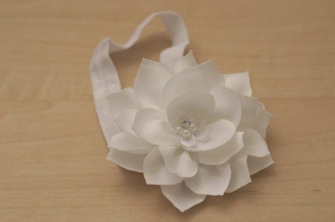White Satin Flower Headband with Pearl & Rhinestone Center