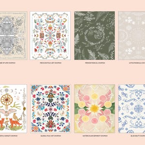 May include: Collection of eight art prints with various designs. The prints include a black and white Tree of Life, a colorful Mexican Folk Art, a green Fern Botanical, and a beige Lotus Mandala. Other prints feature a Peaceful Hamlet, Global Folk Art, Watercolor Sephriot, and Blue Delft designs.