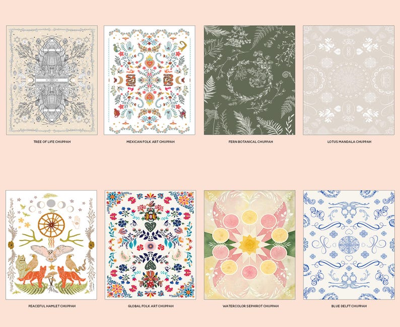 May include: Collection of eight art prints with various designs. The prints include a black and white Tree of Life, a colorful Mexican Folk Art, a green Fern Botanical, and a beige Lotus Mandala. Other prints feature a Peaceful Hamlet, Global Folk Art, Watercolor Sephriot, and Blue Delft designs.