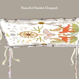 May include: A decorative chuppah with birch poles and a white fabric canopy. The canopy features colorful illustrations of animals, plants, and geometric shapes. The text "Peaceful Hamlet Chuppah" is at the top.