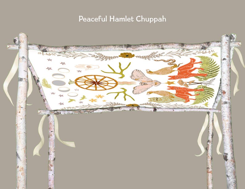 May include: A decorative chuppah with birch poles and a white fabric canopy. The canopy features colorful illustrations of animals, plants, and geometric shapes. The text "Peaceful Hamlet Chuppah" is at the top.