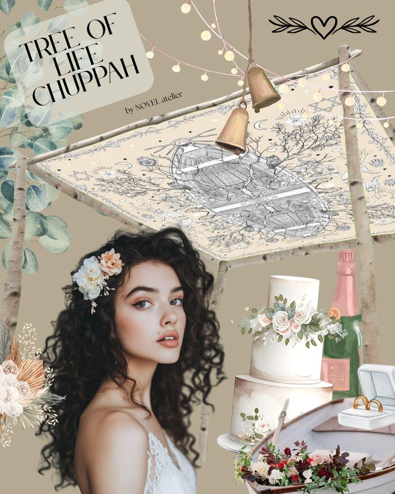 Tree of Life Wedding Chuppah Canopy – Crafted with Love Hand-Illustrated Organic Natural Fabric image 2