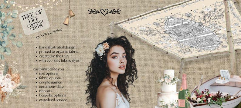 Tree of Life Wedding Chuppah Canopy – Crafted with Love Hand-Illustrated Organic Natural Fabric image 18