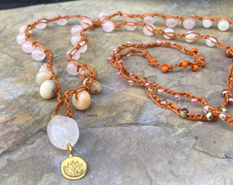 Rose Quartz, Pearl, Agate beaded mala style necklace