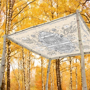 May include: A beige canopy with a detailed black and white illustration of a boat, flowers, and celestial elements. The canopy is supported by birch poles, set against a backdrop of a golden autumn forest. The design evokes a whimsical, nature-inspired theme.