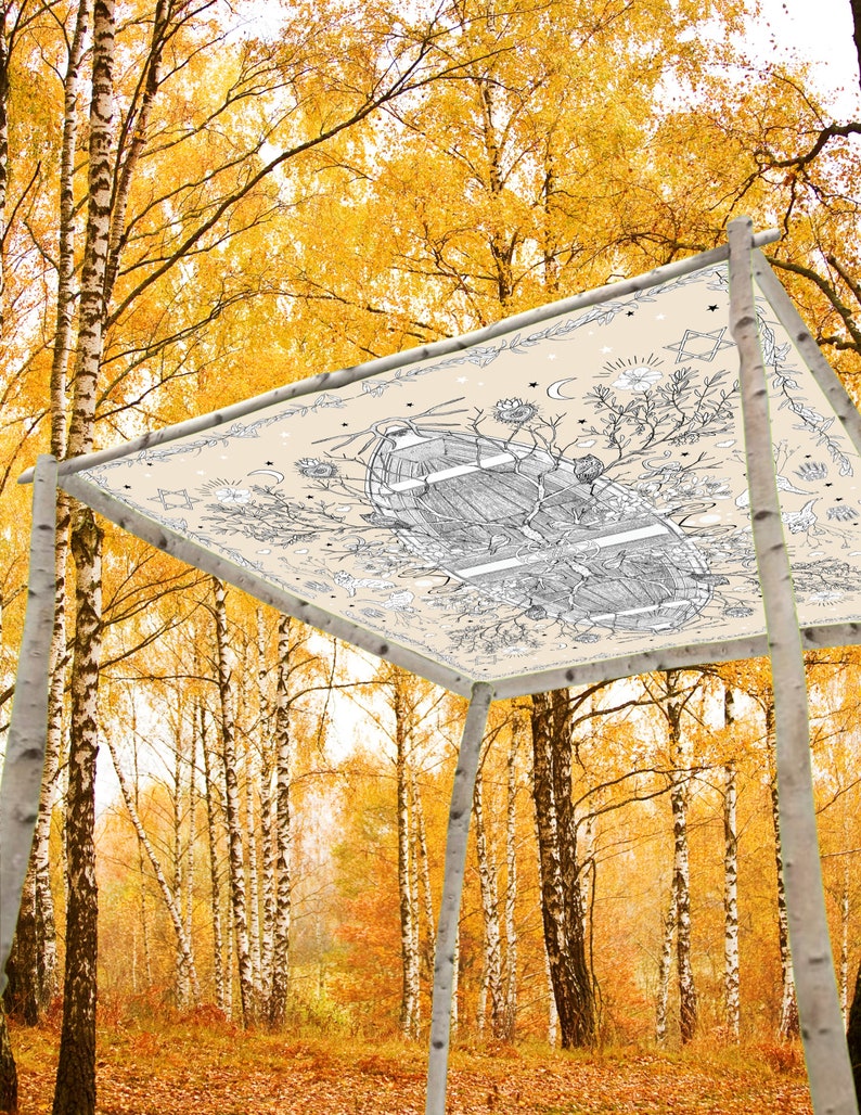 May include: A beige canopy with a detailed black and white illustration of a boat, flowers, and celestial elements. The canopy is supported by birch poles, set against a backdrop of a golden autumn forest. The design evokes a whimsical, nature-inspired theme.
