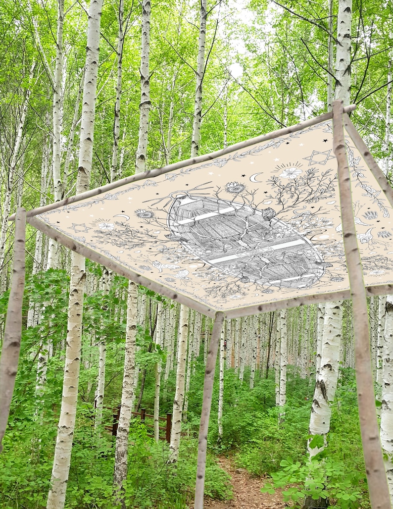May include: A beige canopy with a black and white illustration of a boat, flowers, and celestial elements. The canopy is supported by birch poles and set in a forest of birch trees with green foliage. The design is intricate and detailed.