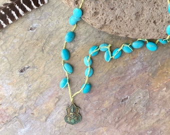 Mala Necklace Hand Crocheted Gemstone Beaded turquoise Buddha pendant