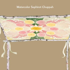 May include: A watercolor chuppah with birch poles and a decorative fabric canopy. The canopy features a symmetrical design with pink, yellow, and green elements. White ribbons are tied to the birch poles.