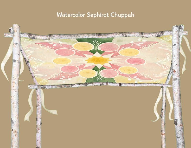 May include: A watercolor chuppah with birch poles and a decorative fabric canopy. The canopy features a symmetrical design with pink, yellow, and green elements. White ribbons are tied to the birch poles.