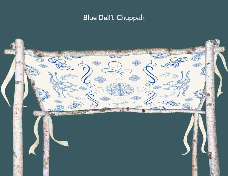 May include: A blue and white chuppah with a Delft design. The fabric is stretched over a birch wood frame and tied with cream-colored ribbons. The fabric features blue floral and scroll patterns.