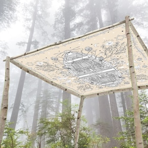 May include: A beige canopy with a detailed black and white illustration of a boat, flowers, and celestial elements. The canopy is supported by four birch poles, set against a foggy forest backdrop.