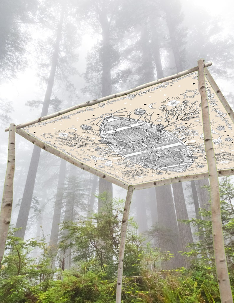 May include: A beige canopy with a detailed black and white illustration of a boat, flowers, and celestial elements. The canopy is supported by four birch poles, set against a foggy forest backdrop.