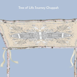 May include: A beige chuppah with a detailed black and white illustration of a tree and other symbols. The chuppah is supported by four birch poles and tied with cream-colored ribbons. Text at the top reads "Tree of Life Journey Chuppah."