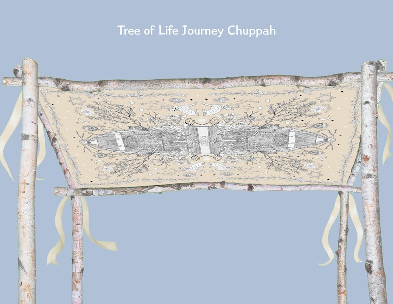 May include: A beige chuppah with a detailed black and white illustration of a tree and other symbols. The chuppah is supported by four birch poles and tied with cream-colored ribbons. Text at the top reads "Tree of Life Journey Chuppah."