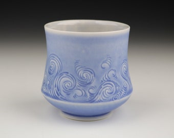 Blue Translucent Porcelain Hand Carved Rivulet Pottery Ceramic Cup