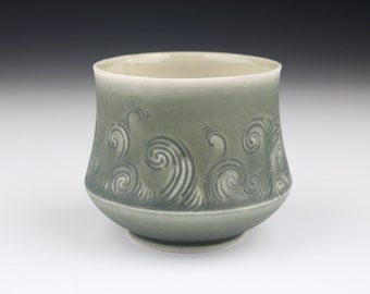 Stormy Gray Translucent Porcelain Hand Carved Rivulet Pottery Ceramic Cup