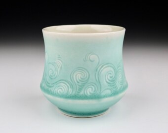 Aqua Translucent Porcelain Hand Carved Rivulet Pottery Ceramic Cup