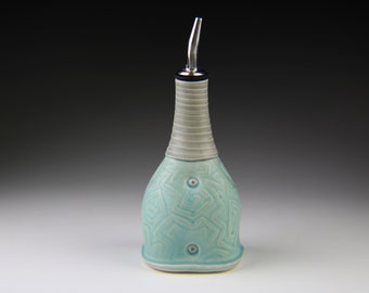 10.5 Oz. Aqua and Gray Pouring Bottle for Cooking Oil, Dressing, Liquor, Soap as Wedding or Housewarming Gift