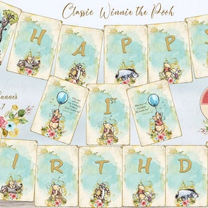 Klassisches Winnie the Pooh 1. Geburtstagsbanner, Winnie 1. Geburtstag, Pooh Geburtstagspartybanner, Winnie Partydekorationen, druckbares Banner B03