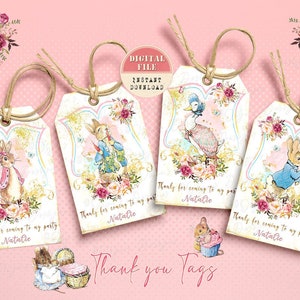 Festa di compleanno di Peter Rabbit Grazie Tag, Personalizzato Beatrix Potter Party Decor, Peter Rabbit Birthday Party Favor Tag, Tag stampabili
