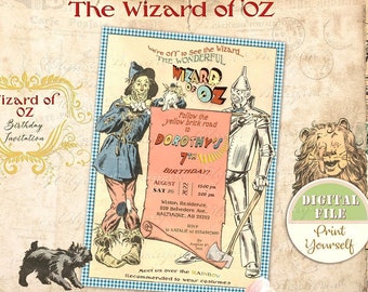 May include: A printable Wizard of Oz birthday invitation featuring illustrations of the Scarecrow, Tin Man, and Dorothy. The invitation is decorated with a blue and white gingham pattern and includes the text "Follow the yellow brick road to Dorothy's 7th Birthday!"