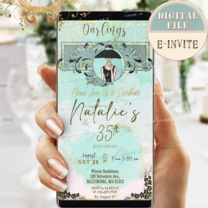 Invito mobile personalizzato per la festa di compleanno di Colazione da Tiffany, invito per iPhone di Colazione da Tiffany, invito elettronico di Audrey Hepburn