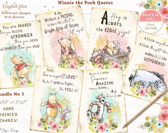 Classic Winnie the Pooh Quotes Bundle No 1, Set of 6 Different Prints with Pooh QUOTES, Baby Shower Decor, Winnie Birthday Party, 03