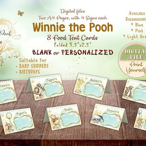 Tarjetas de carpa con comida de Winnie the Pooh, cumpleaños de Winnie the Pooh, carpas con tarjetas de comida en blanco o personalizadas para baby shower, decoraciones para fiestas de Winnie 03