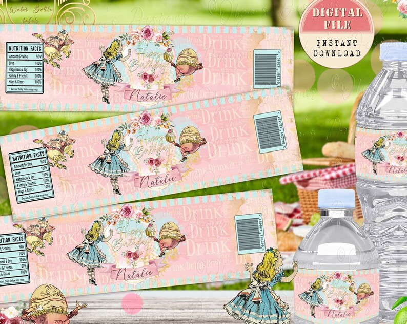 Personalized Water Bottle Labels Alice in Wonderland No 5 Water Bottle Party Decor Alice Birthday Party Printable Favors