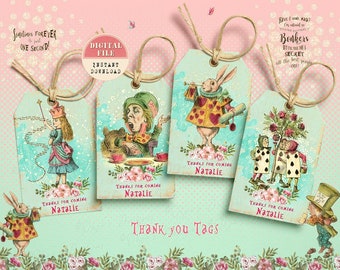 Alice in Wonderland Thank you Tags, Birthday Party Thank you Tags, Personalized Alice Thank you Printable Tags No 15, Tea party favor tags