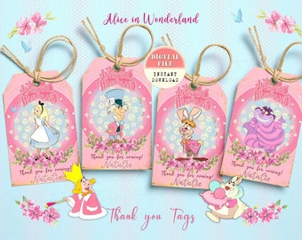 Alice in Wonderland Thank you Tags, Alice Birthday Party Thank you Tags No 17, Personalized Thank you Tags, Tea party favor tags