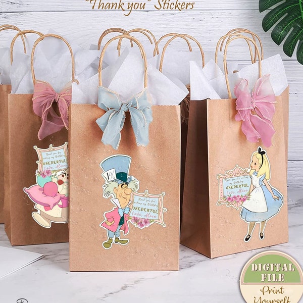 Alice in Onederland Thank You Favor Stickers, Personalized Alice 1st Birthday Mad Tea Party Favor Stickers, Alice Gift Bag Stickers No 17